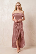 Dusty Rose Off-the-Shoulder Sheath Velvet Midi Bridesmaid Dress - KISSPROM