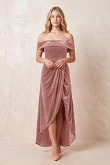 Dusty Rose Off-the-Shoulder Sheath Velvet Midi Bridesmaid Dress - KISSPROM