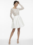 Simple A Line Short Knee - length Satin Lace Bateau Long Sleeve Wedding Dress - KissProm