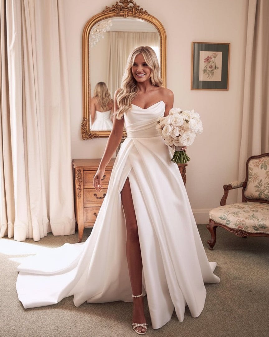 A-Line White Sleeveless Satin Wedding Dress with Side Slit, Diamond White / Custom Size A-Line White Sleeveless Satin Wedding Dress with Side Slit, Diamond White / Custom Size