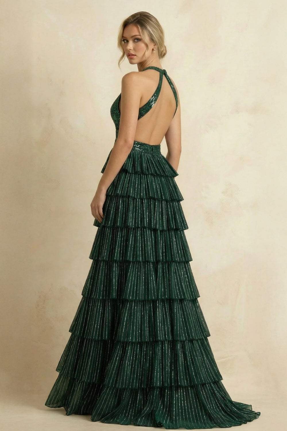 Dark Green - A-Line Halter Satin Beaded Long Prom Dresses With Ruffles
