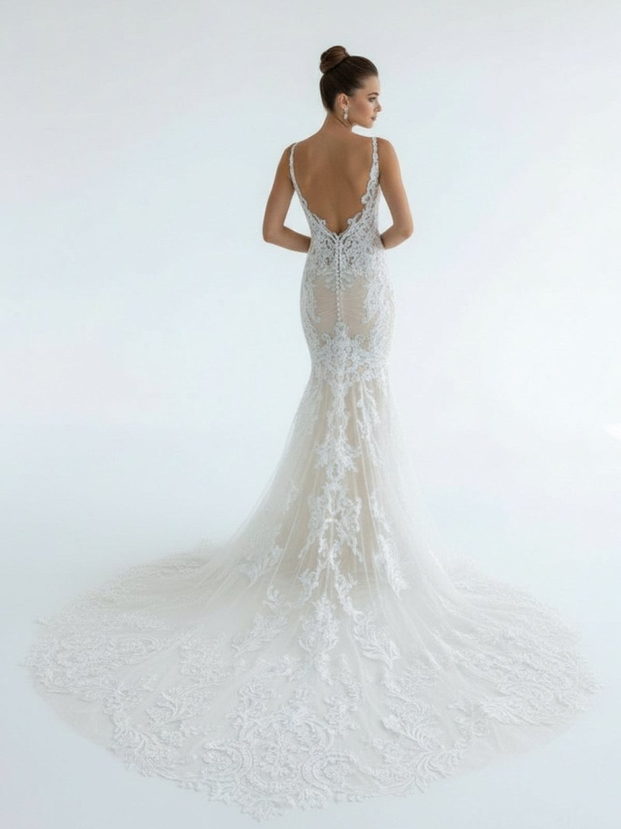 Mermaid V Neck Tulle Lace Wedding Dresses with Train - KissProm