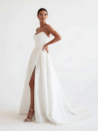 Janalee | A - Line White Sleeveless Satin Wedding Dress With Side Slit - KissProm