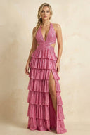 Dusty Pink - A - Line Halter Satin Beaded Long Prom Dresses With Ruffles - KissProm
