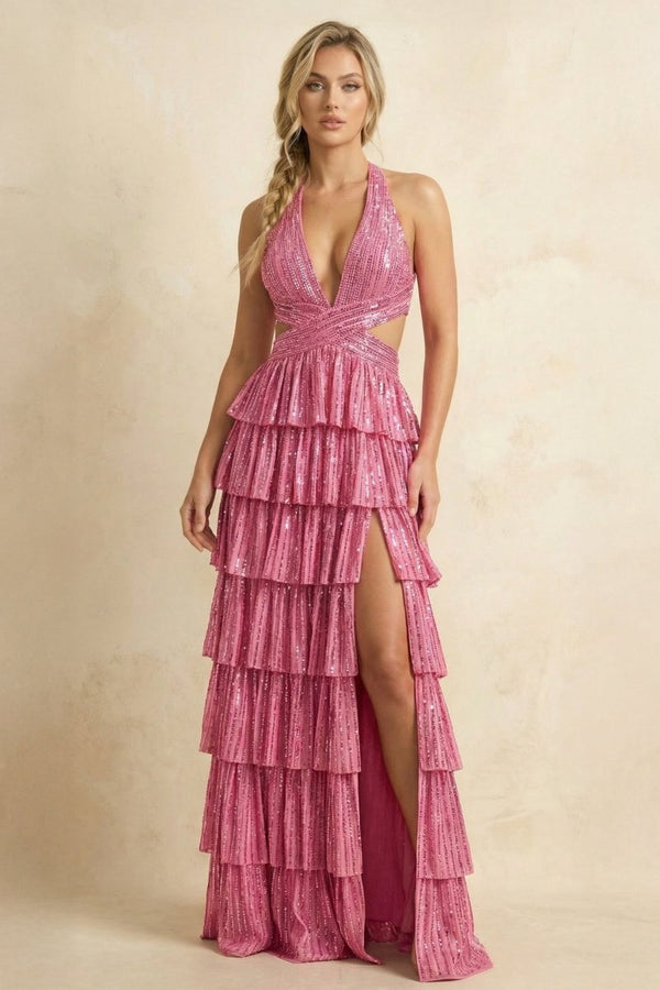 Dusty Pink - A - Line Halter Satin Beaded Long Prom Dresses With Ruffles - KissProm