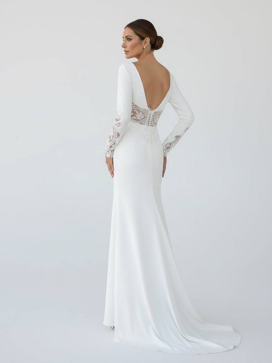 Hollynn | Casual V - neck mermaid Sweep Train Long Sleeve Wedding Dress With Slit - KissProm