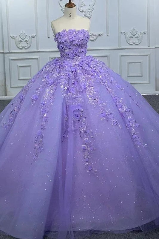 Elegant Party Princess Dress Pearls Strapless Evening Gown Appliques Ball Gown