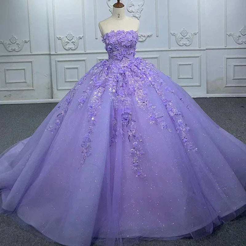 Elegant Party Princess Dress Pearls Strapless Evening Gown Appliques Ball Gown