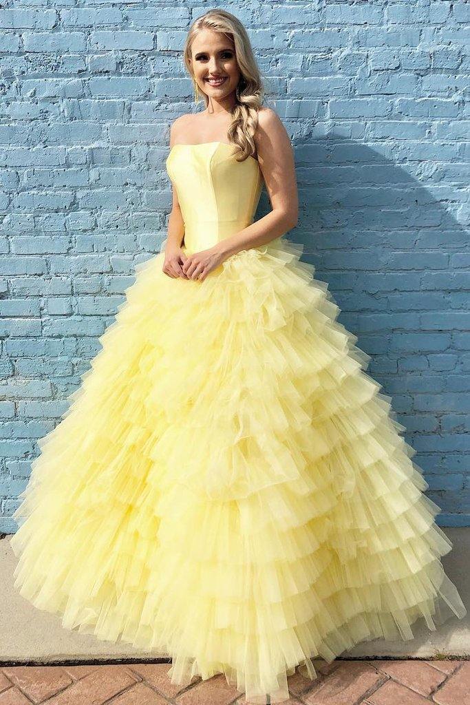 Quinceanera Dress Elegant Strapless Floor Length Yellow Prom Dresses Ball Gown