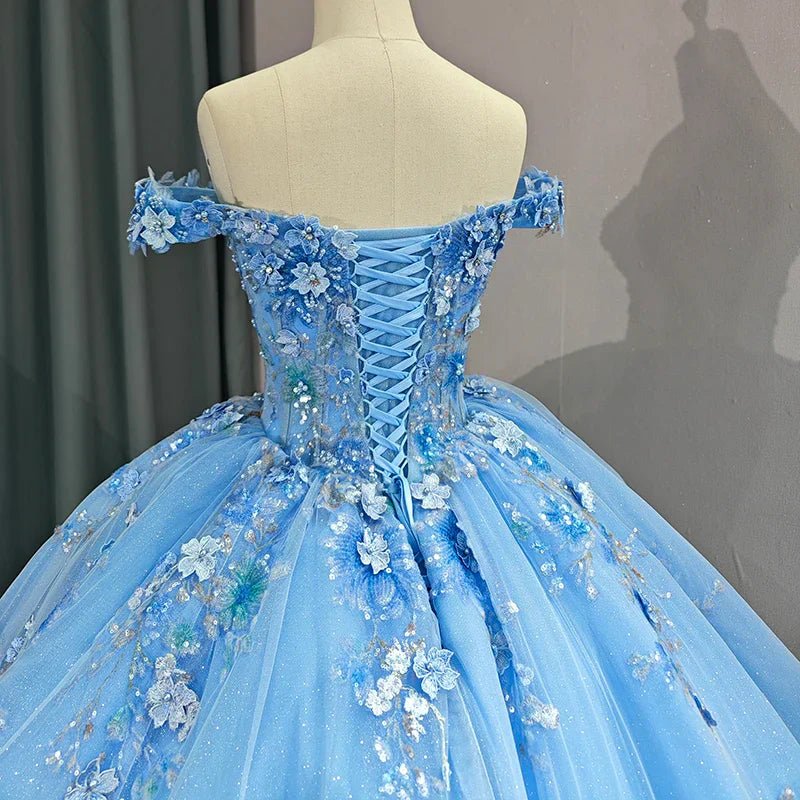 KissProm Quinceanera Dress Elegant Sweetheart Off-the-shoulder Appliques Ball Gown, Sky Blue / Custom Size