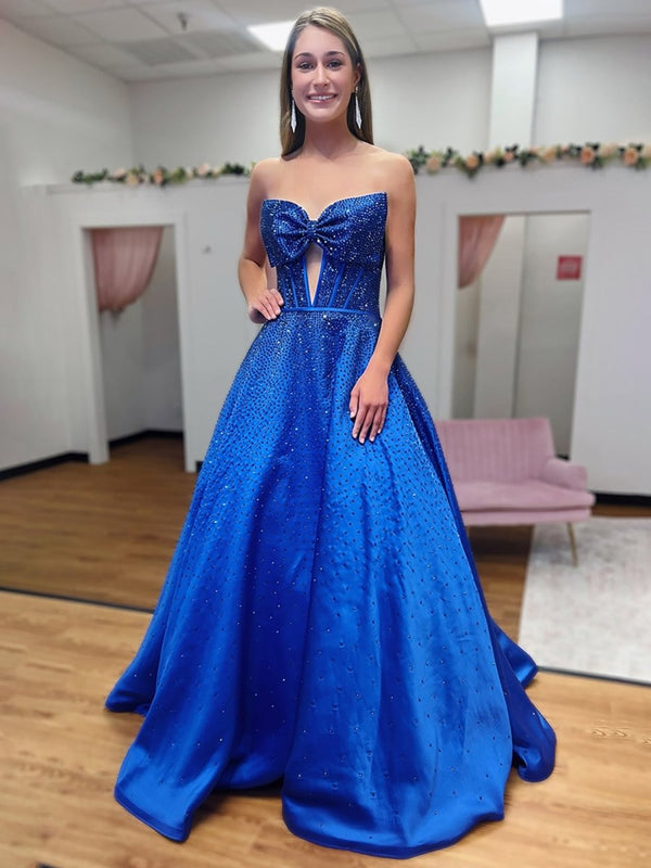 Elya | Royal Blue - Strapless Satin Beaded A Line Long Prom Dresses With Bow - KissProm