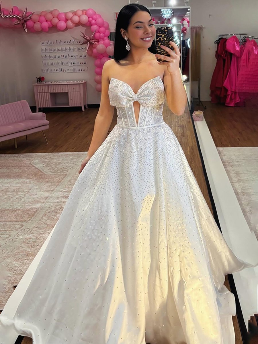 Elya | White - Strapless Satin Beaded A Line Long Prom Dresses With Bow - KissProm