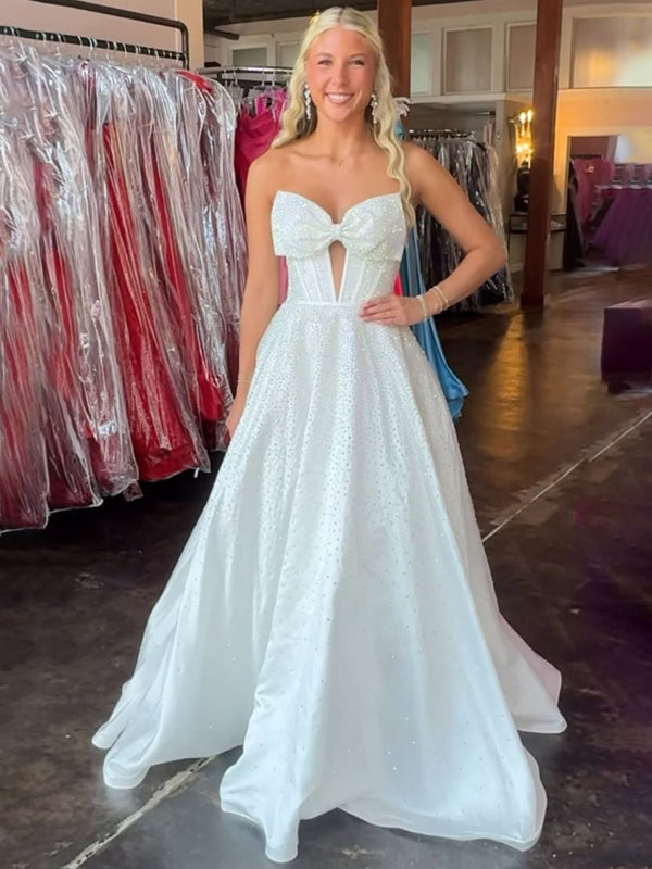 Elya | White - Strapless Satin Beaded A Line Long Prom Dresses With Bow - KissProm