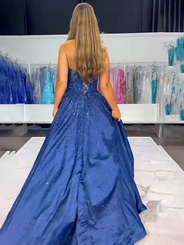 Elya | Navy Blue - Strapless Satin Beaded A Line Long Prom Dresses With Bow - KissProm