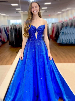 Elya | Royal Blue - Strapless Satin Beaded A Line Long Prom Dresses With Bow - KissProm