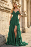 Emerald Off The Shoulder A Line Chiffon Pleated Long Prom Dresses With Slit - KissProm