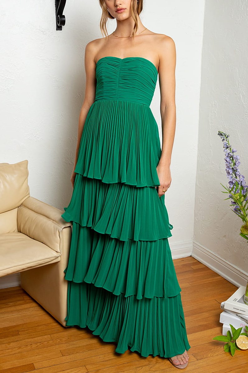 Khalani | Strapless Emerald Green Ruffle Multi-Layer Long Prom Dress