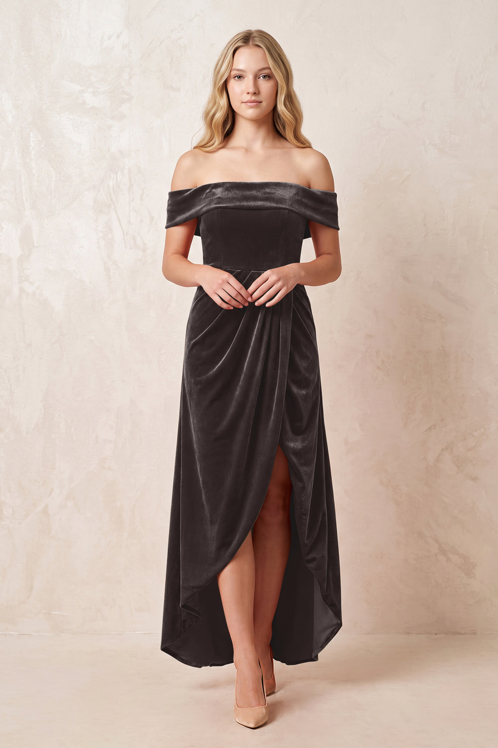 Espresso Off-the-Shoulder Sheath Velvet Midi Bridesmaid Dress - KISSPROM