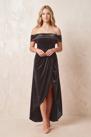 Espresso Off-the-Shoulder Sheath Velvet Midi Bridesmaid Dress - KISSPROM