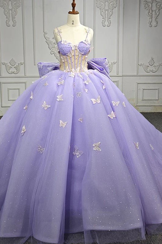 Spaghetti Straps Quinceanera Dresses Ball Gown with Butterfly Appliques and Bowknot, Lilac / 10