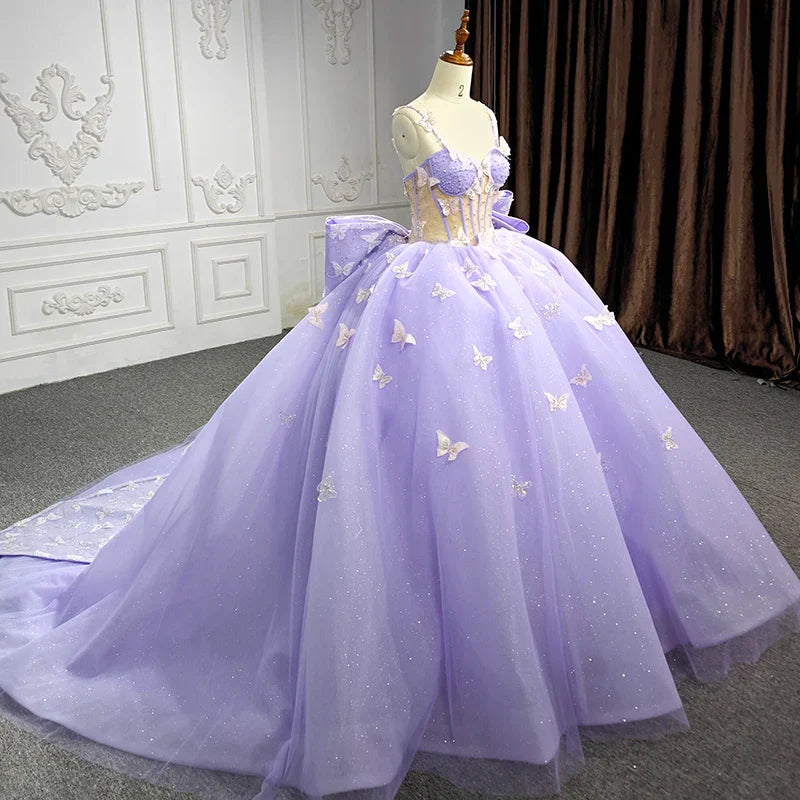Quinceanera Dress Exquisite Spaghetti Straps Quinceanera Dresses Sleeveless Ball Gown with Butterfly Appliques and Bowknot