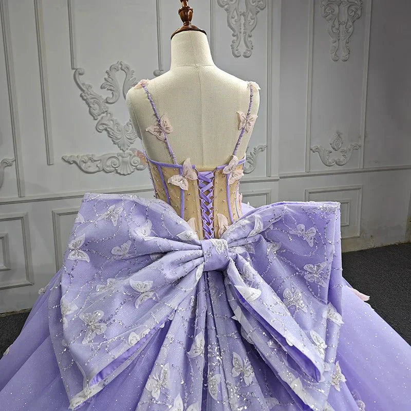 Spaghetti Straps Quinceanera Dresses Ball Gown with Butterfly Appliques and Bowknot, Lilac / 10