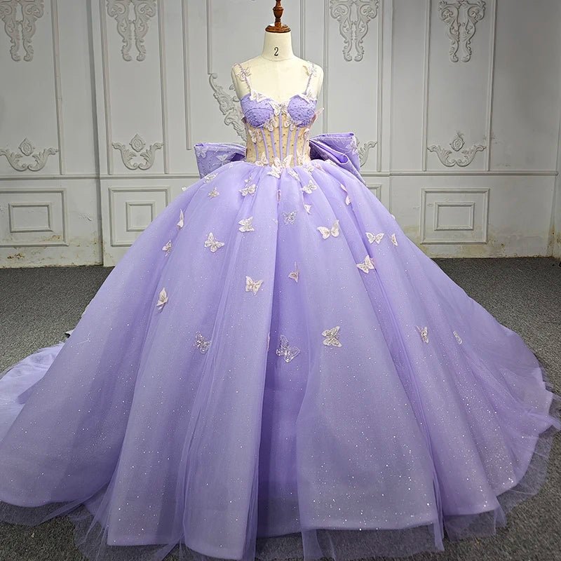 Spaghetti Straps Quinceanera Dresses Ball Gown with Butterfly Appliques and Bowknot, Lilac / 10