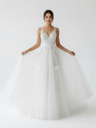 Malaya | A-Line V Back Long White Wedding Dress with Lace Appliqued