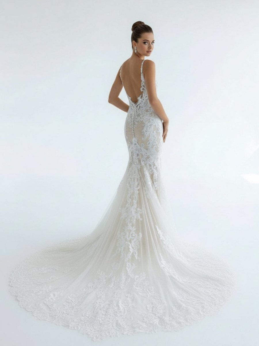 Mermaid V Neck Tulle Lace Wedding Dresses with Train - KissProm