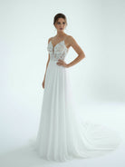 A - Line V Neck Chiffon Boho White Appliques Wedding Dresses - KissProm