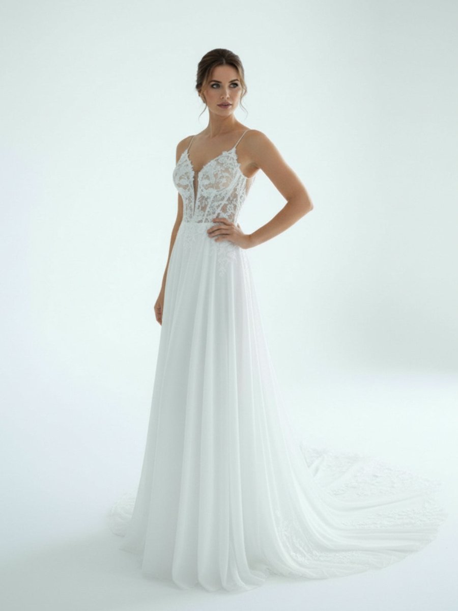 A - Line V Neck Chiffon Boho White Appliques Wedding Dresses - KissProm