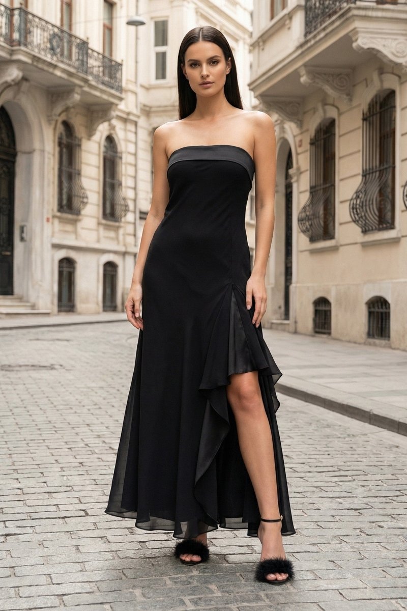 Teresine | Black - Strapless Sheath Chiffon Ankle Length Prom Dress With Slit - KissProm