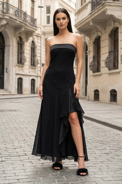 Teresine | Black - Strapless Sheath Chiffon Ankle Length Prom Dress With Slit - KissProm