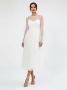 Zelina | Elegant A-Line Long Sleeve Tea Length Wedding Dresses