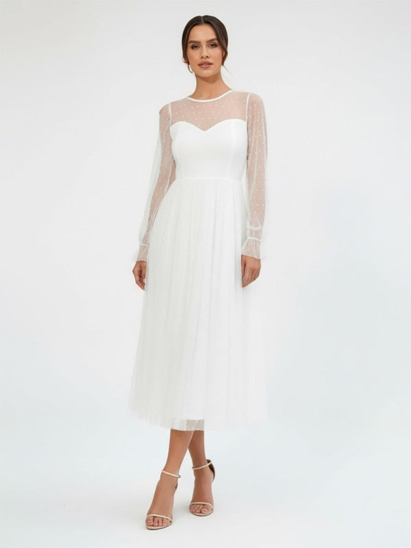 Zelina | Elegant A-Line Long Sleeve Tea Length Wedding Dresses