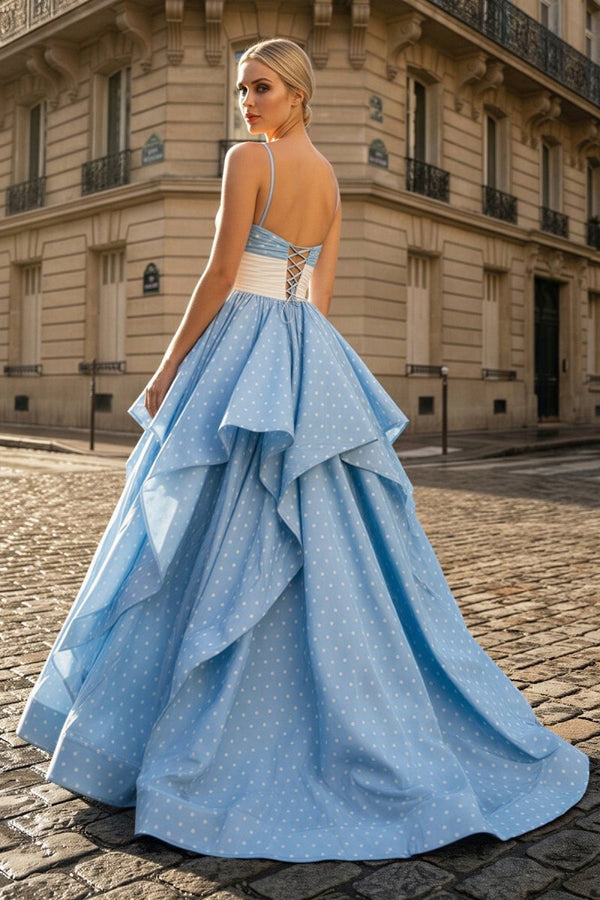 Liyana | Blue - Halter Satin A Line Dot Prom Dresses With Flower - KissProm