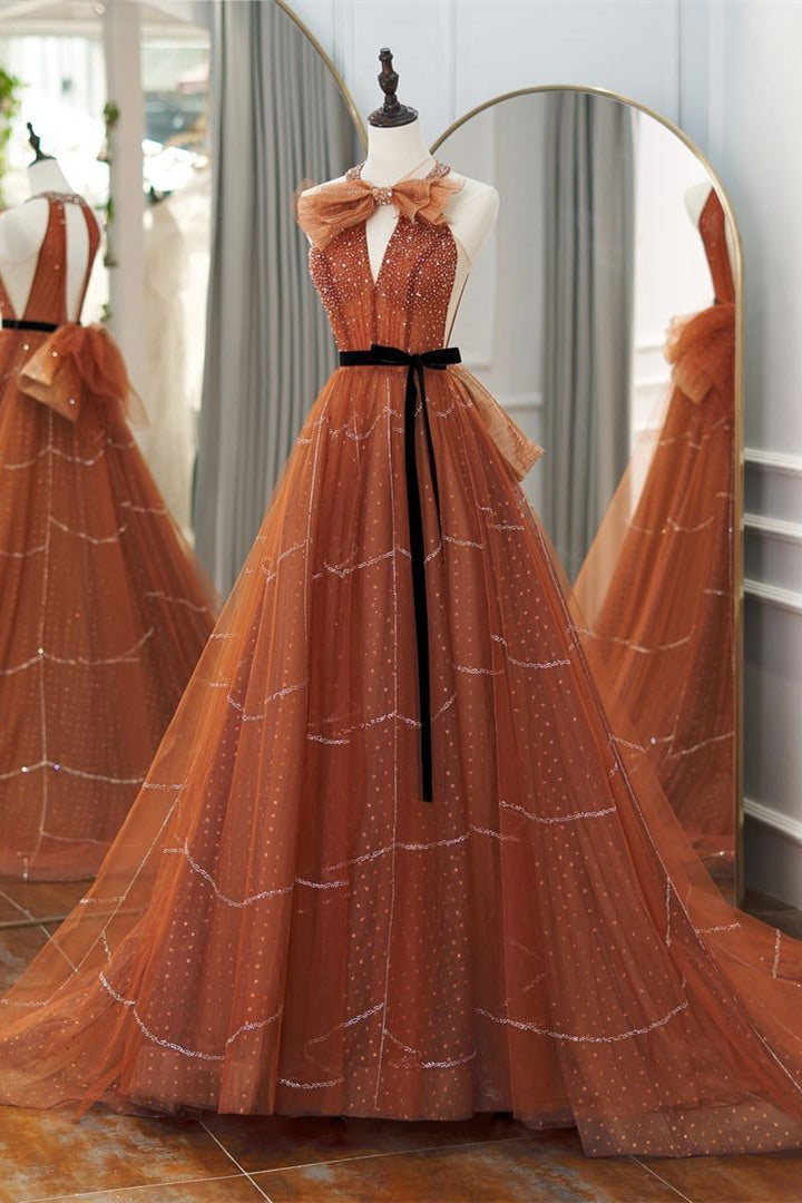 Sonya | Burnt Orange Crew Neck A-Line Formal Dress with Sash