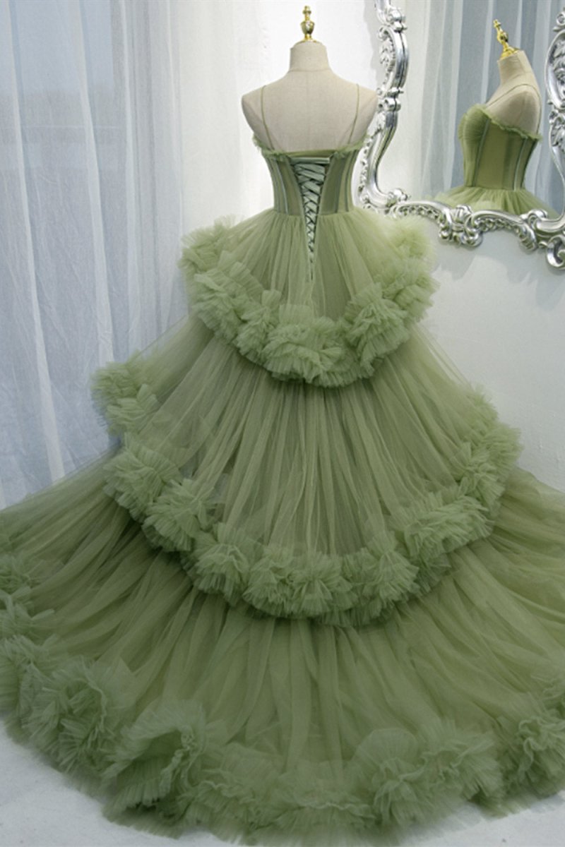 A-line Spaghetti Straps Pleated Tulle Prom Dress, Green / 18 A-line Spaghetti Straps Pleated Tulle Prom Dress, Green / 18