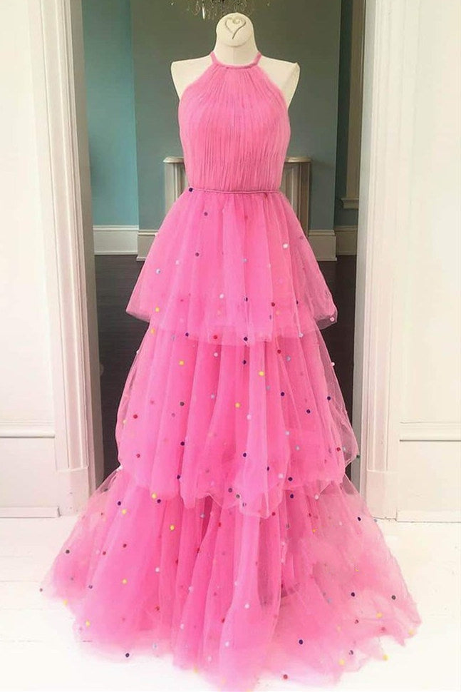 Tessa | Hot Pink A-Line Tulle Prom Dress with Colorful Dots