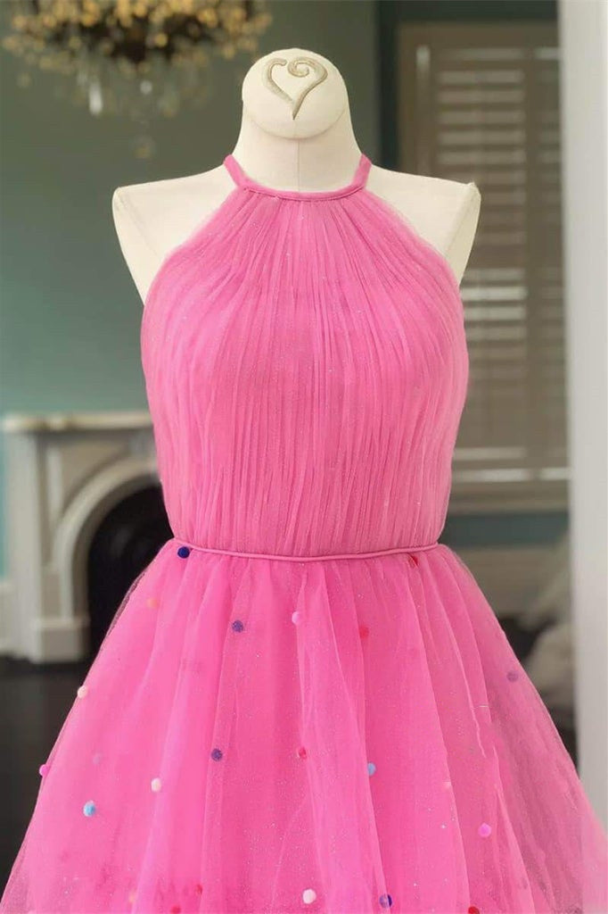 Tessa | Hot Pink A-Line Tulle Prom Dress with Colorful Dots