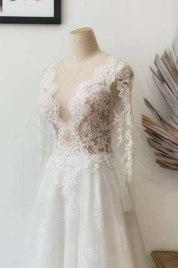 Leilany | A - Line Illusion Crew Neck White Lace Wedding Dress - KissProm
