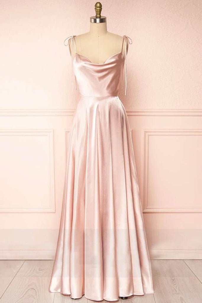 Sweet A-line Cowl Neck Silk Long Prom Dress Blush Pink / 12