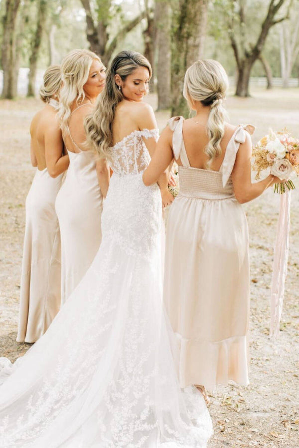 Champagne Sheath Satin Long Mismatch Bridesmaid Dress - KissProm