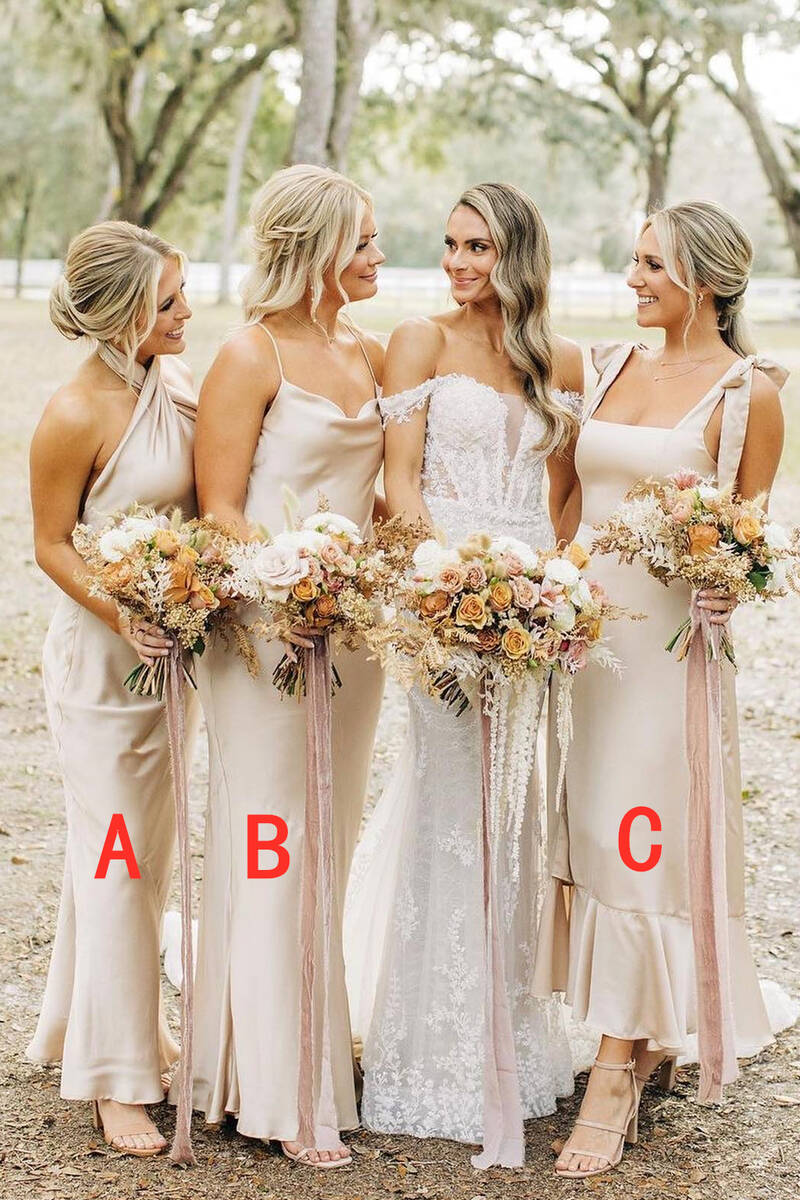 KissProm Champagne Sheath Satin Long Mismatch Bridesmaid Dress, Champagne / 2 / C