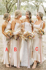 Champagne Sheath Satin Long Mismatch Bridesmaid Dress - KissProm