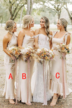 Champagne Sheath Satin Long Mismatch Bridesmaid Dress - KissProm