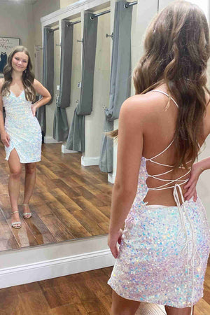 Pink Bodycon Spaghetti Straps Sequined Mini Party Dresses – Homecoming Dress by KissProm | Available at KissProm