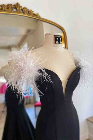 Sophia | Long Black High Slit Prom Dress with White Feather - KissProm