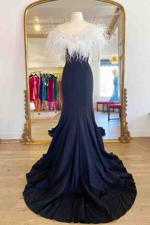 Sophia | Long Black High Slit Prom Dress with White Feather - KissProm