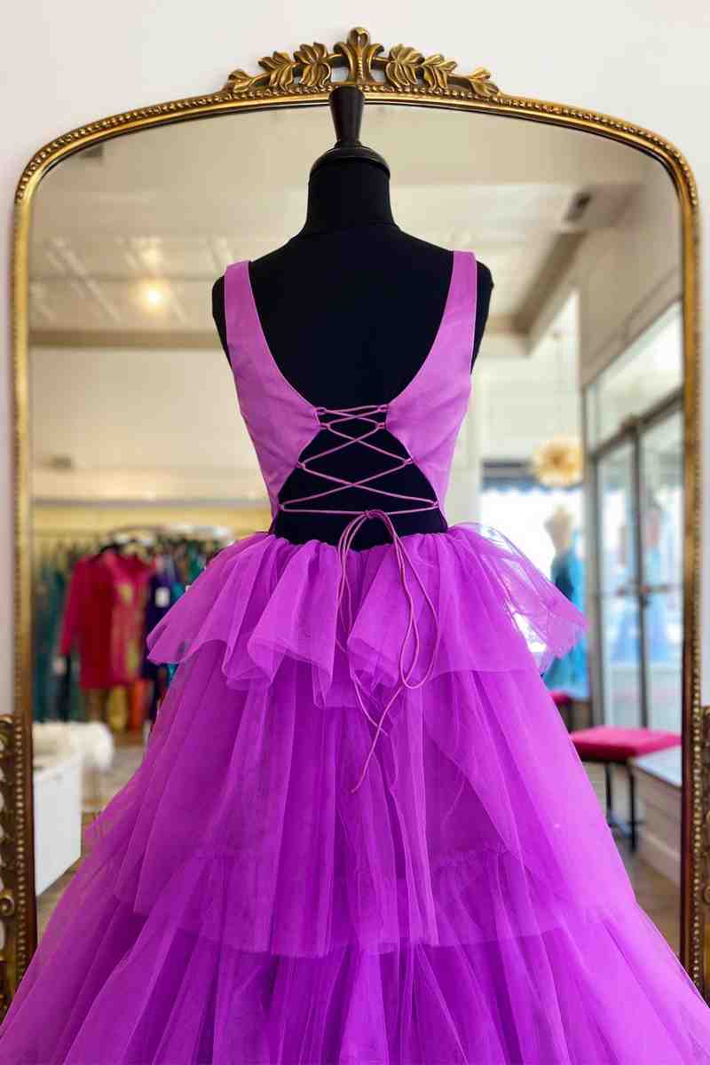 Beth | A-Line Crew Neck Lilac Tiered Tulle Long Formal Dress